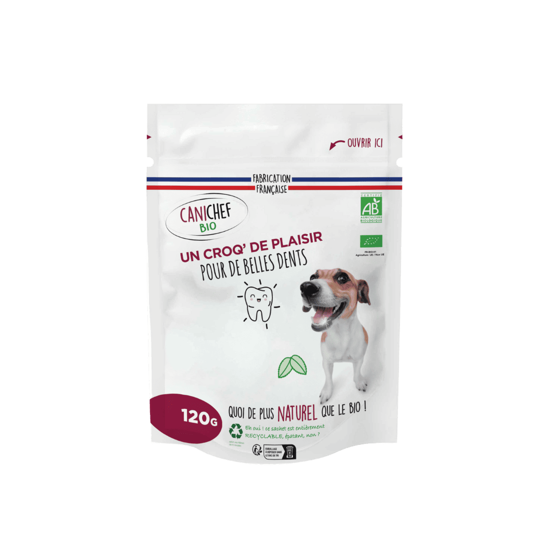 Un sachet de friandises hygiène bucco-dentaire pour chien est au centre de l’image. Le sachet de 120 gr continent des friandises naturelles. Le fond est blanc.