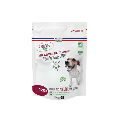 Un sachet de friandises hygiène bucco-dentaire pour chien est au centre de l’image. Le sachet de 120 gr continent des friandises naturelles. Le fond est blanc.