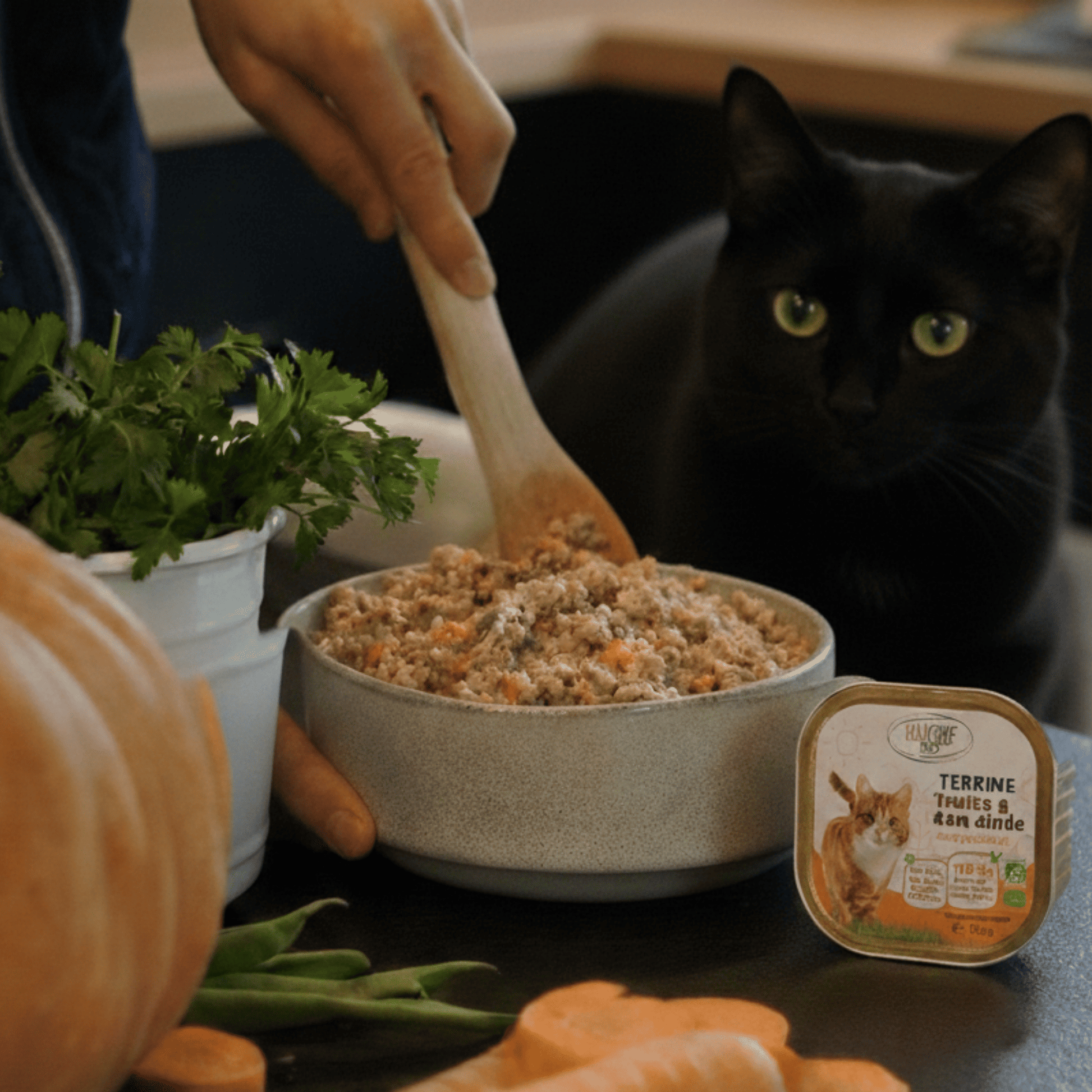 Chat noir aux yeux verts observant la préparation de sa pâtée à la truite et à la dinde Félichef Bio, entouré de carottes, haricots verts et herbes aromatiques fraîches