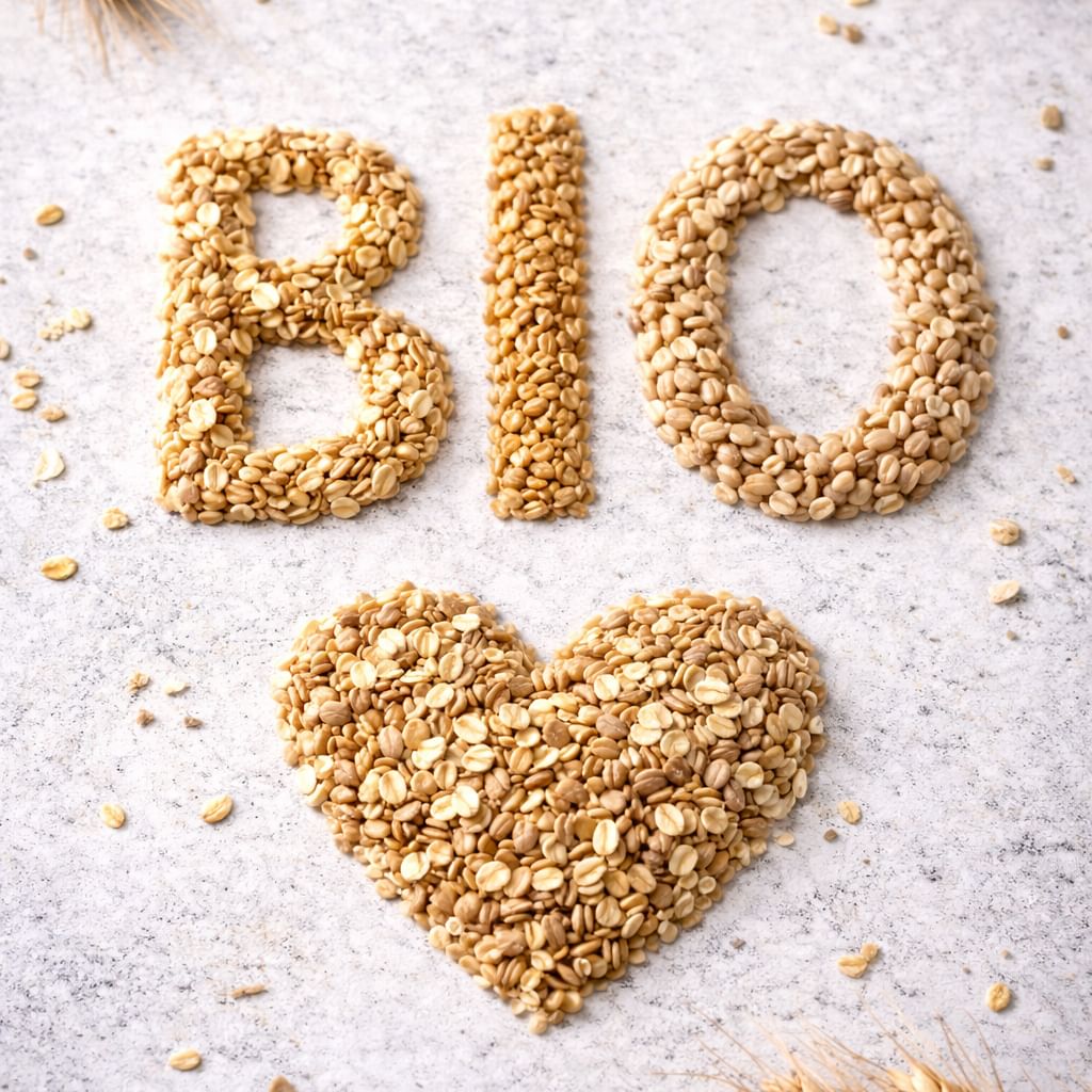 Le mot « BIO » et un cœur sont formés à partir de grains de céréales clairs, disposés sur un fond clair. Les céréales qui font partie des ingrédients des produits Canichef et Félichef.