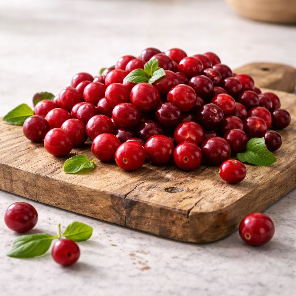 Tas de cranberries rouges fraîches disposées sur une planche en bois. Ce sont des fruits qui font partie des ingrédients des produits Canichef et Félichef.