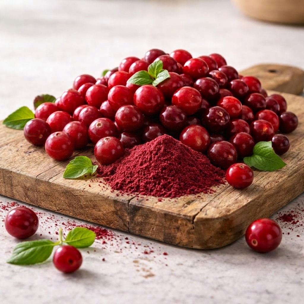 Tas de cranberry rouges fraîches disposées sur une planche en bois. Ce sont des fruits qui font partie des ingrédients des produits Canichef et Félichef.