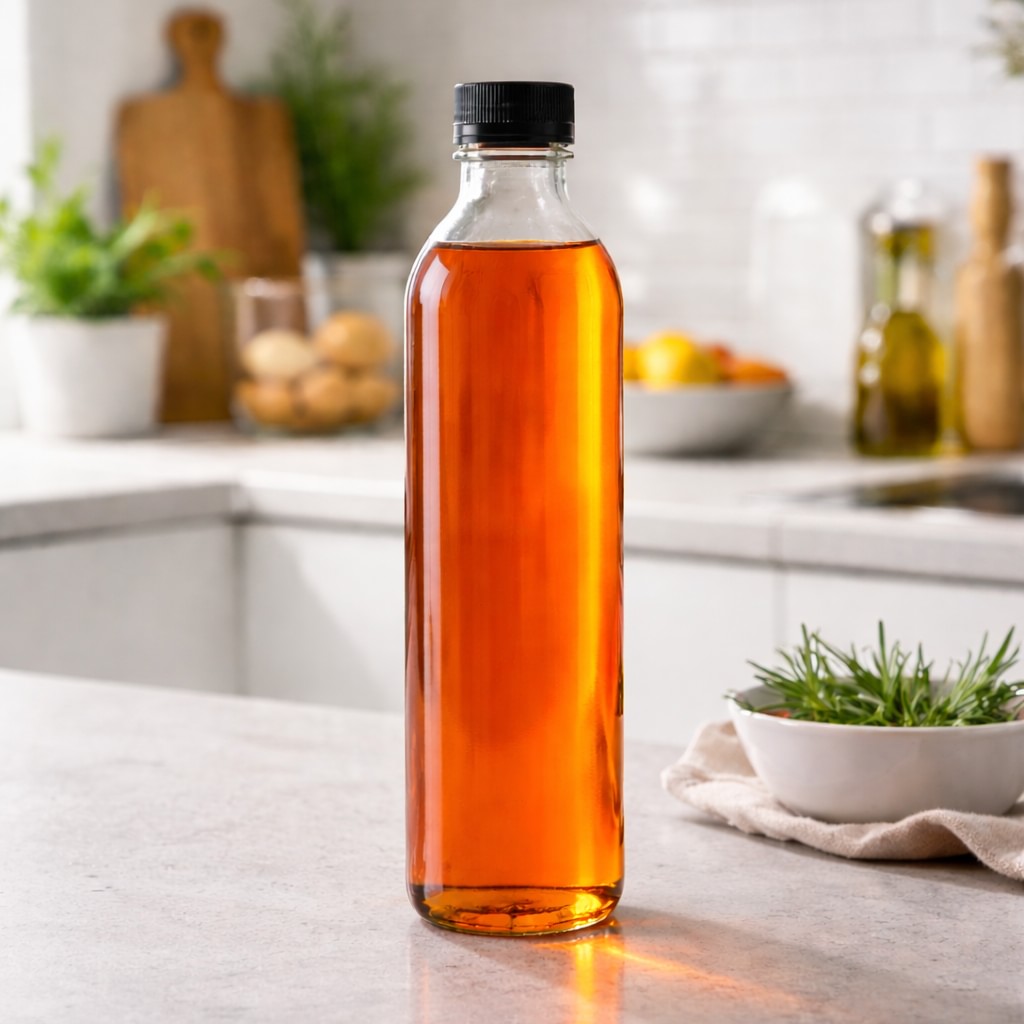 Bouteille en verre remplie d’huile de saumon posée sur un plan de travail de cuisine. Cette huile de saumon fait partie des ingrédients des produits Canichef et Félichef.