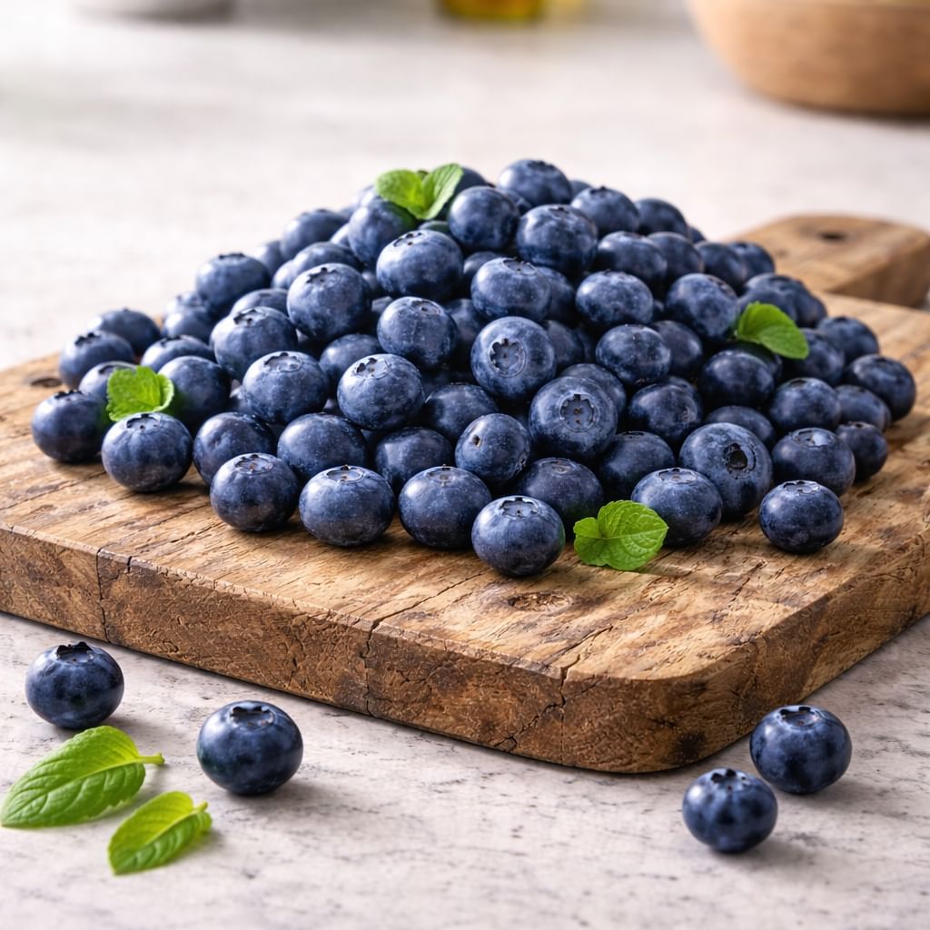 Amas de myrtilles fraîches bleu foncé posées sur une planche en bois. Ces fruit font partie des ingrédients des produits Canichef et Félichef.