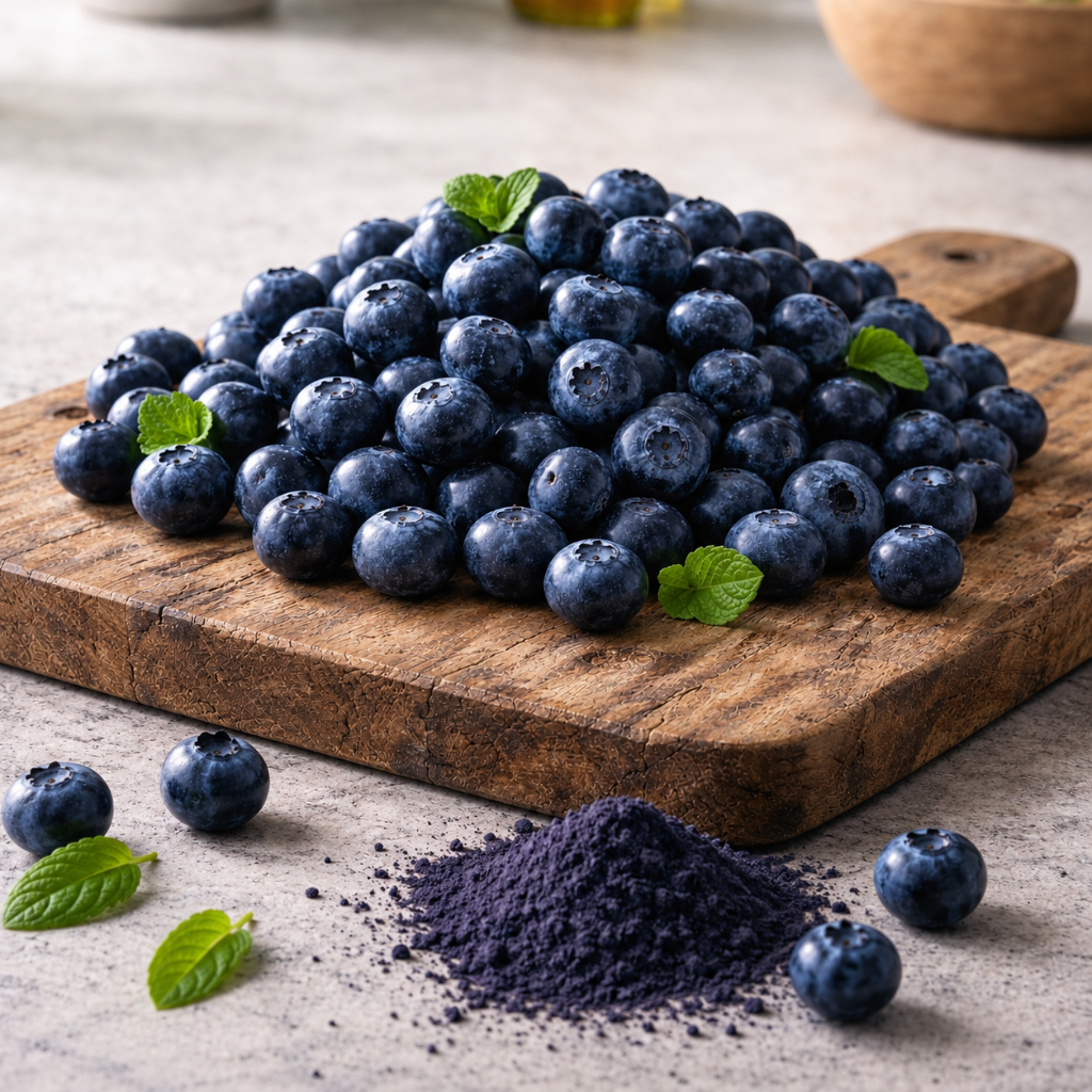 Amas de myrtilles fraîches bleu foncé posées sur une planche en bois. Ces fruit font partie des ingrédients des produits Canichef et Félichef.