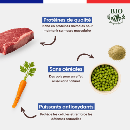 Ingrédients clés de la pâtée chien boeuf Canichef Bio : protéines de qualité boeuf bio pour la masse musculaire, pois sans céréales pour l'effet rassasiant naturel et puissants antioxydants carotte pour les défenses naturelles