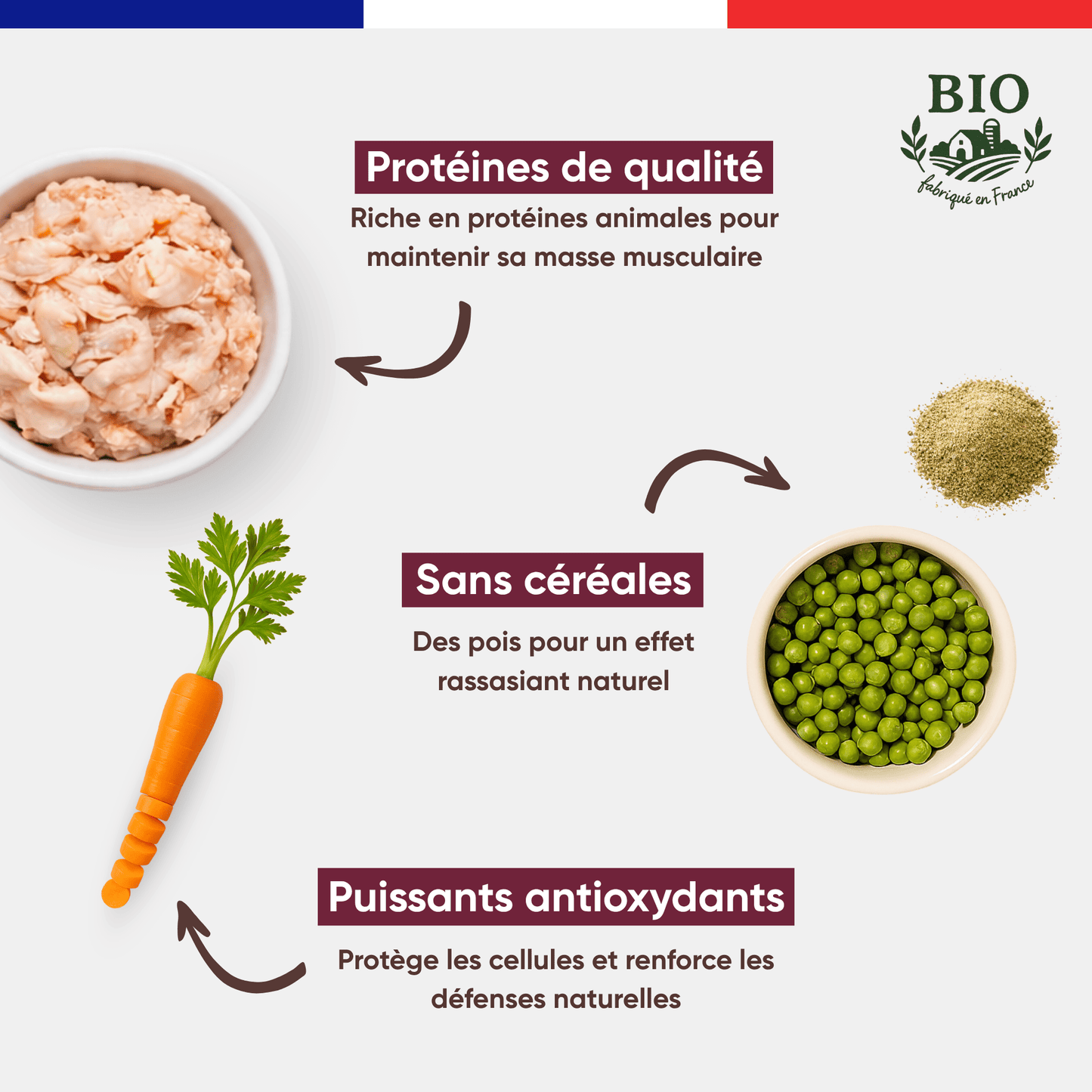 Ingrédients clés de la pâtée chien volaille Canichef Bio : protéines de qualité pour la masse musculaire, pois sans céréales pour l'effet rassasiant naturel et puissants antioxydants carotte pour les défenses naturelles