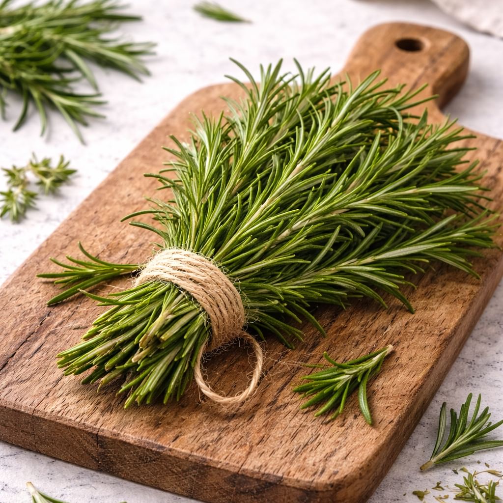 Brin de romarin frais ficelé posé sur une planche en bois. Ce sont des herbes aromatiques qui font partie des ingrédients des produits Canichef et Félichef.