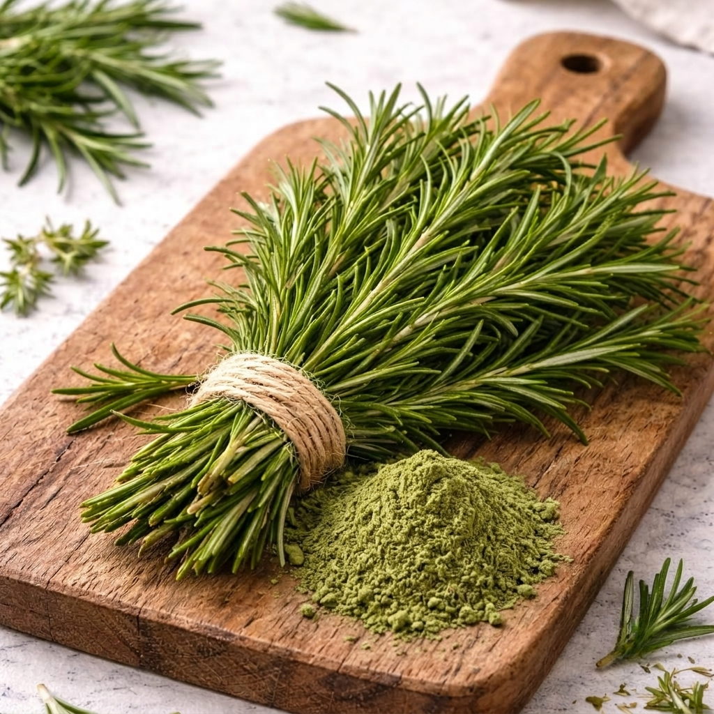 Brin de romarin frais ficelé posé sur une planche en bois. Ce sont des herbes aromatiques qui font partie des ingrédients des produits Canichef et Félichef.