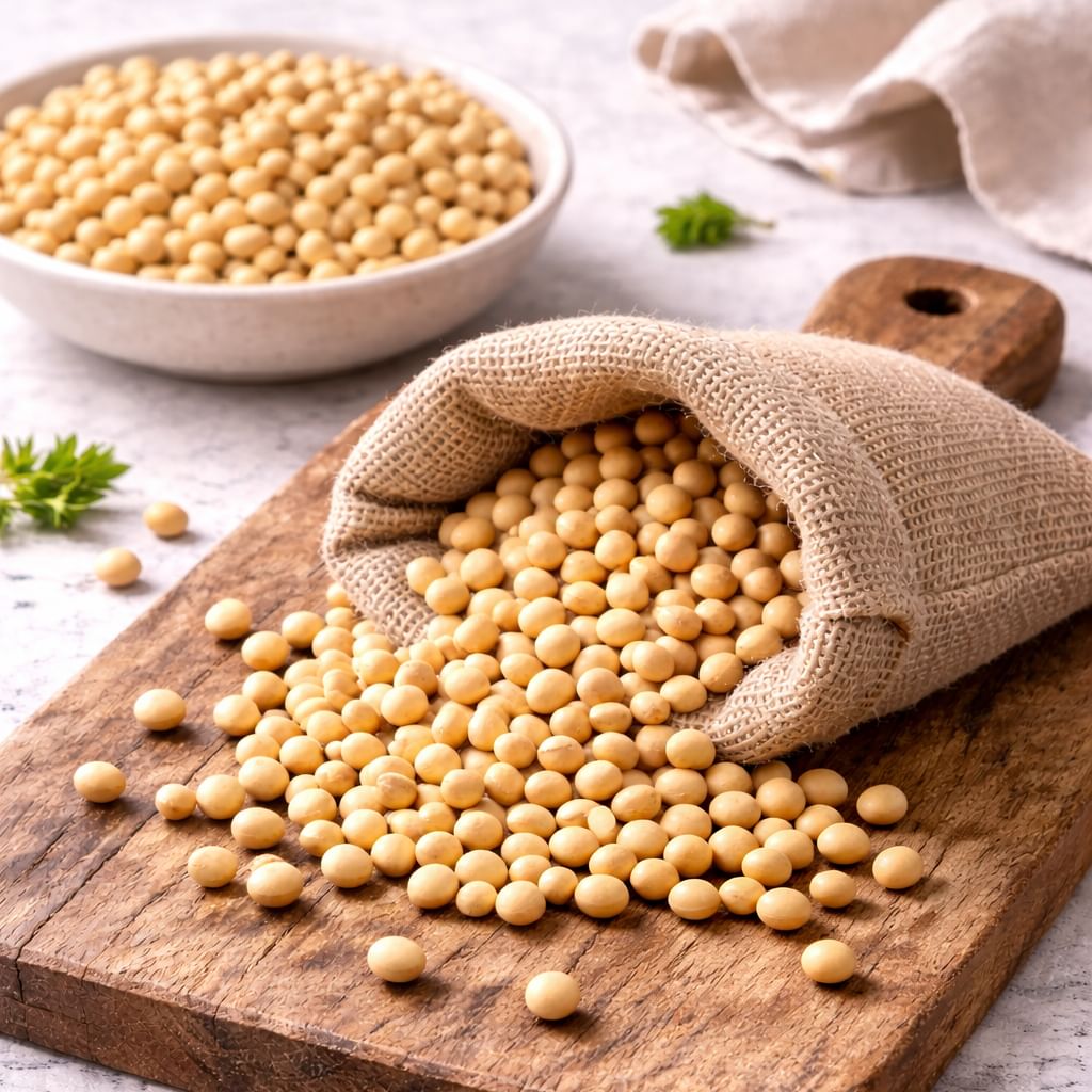 Des graines de soja jaunes sont visibles, certaines dans un sac en toile posé sur une planche en bois. Le soja fait partie des ingrédients des produits Canichef et Félichef.