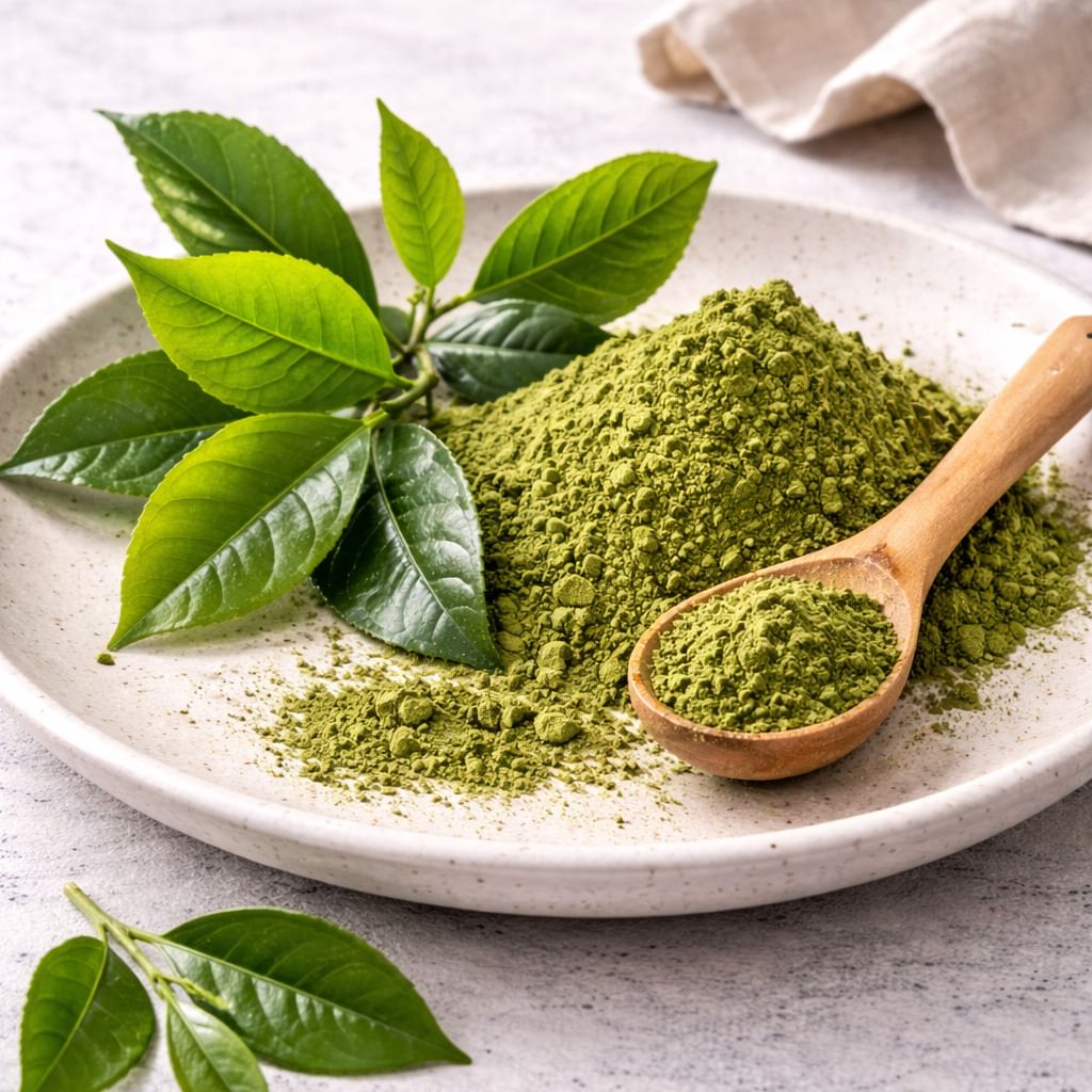Poudre de thé vert disposée dans une assiette avec une cuillère en bois et des feuilles de thé vert fraîches. Il y a des feuilles et du thé vert transformé qui fait partie des ingrédients des produits Canichef et Félichef.