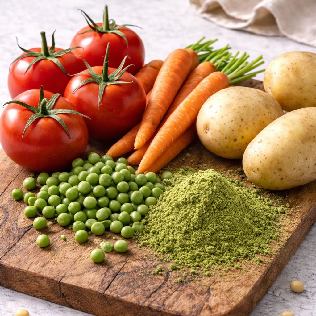 Des tomates rouges, des carottes fraîches, des pommes de terre, des pois verts et un tas de poudre verte sont disposés sur une planche en bois. La poudre verte est du pois déshydraté qui fait partie des ingrédients des produits Canichef et Félichef.