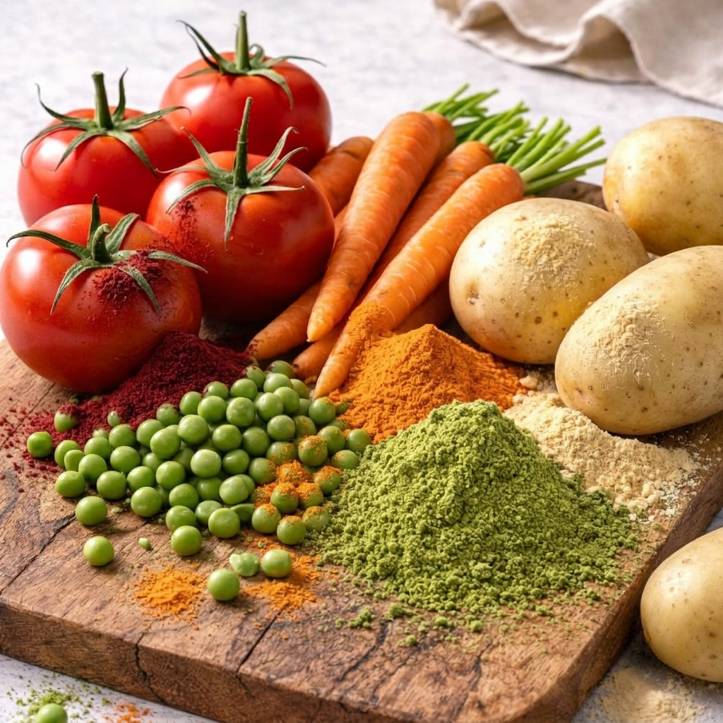 Des tomates rouges, des carottes fraîches, des pommes de terre, des pois verts et un tas de poudre verte sont disposés sur une planche en bois. La poudre verte est du pois déshydraté qui fait partie des ingrédients des produits Canichef et Félichef.