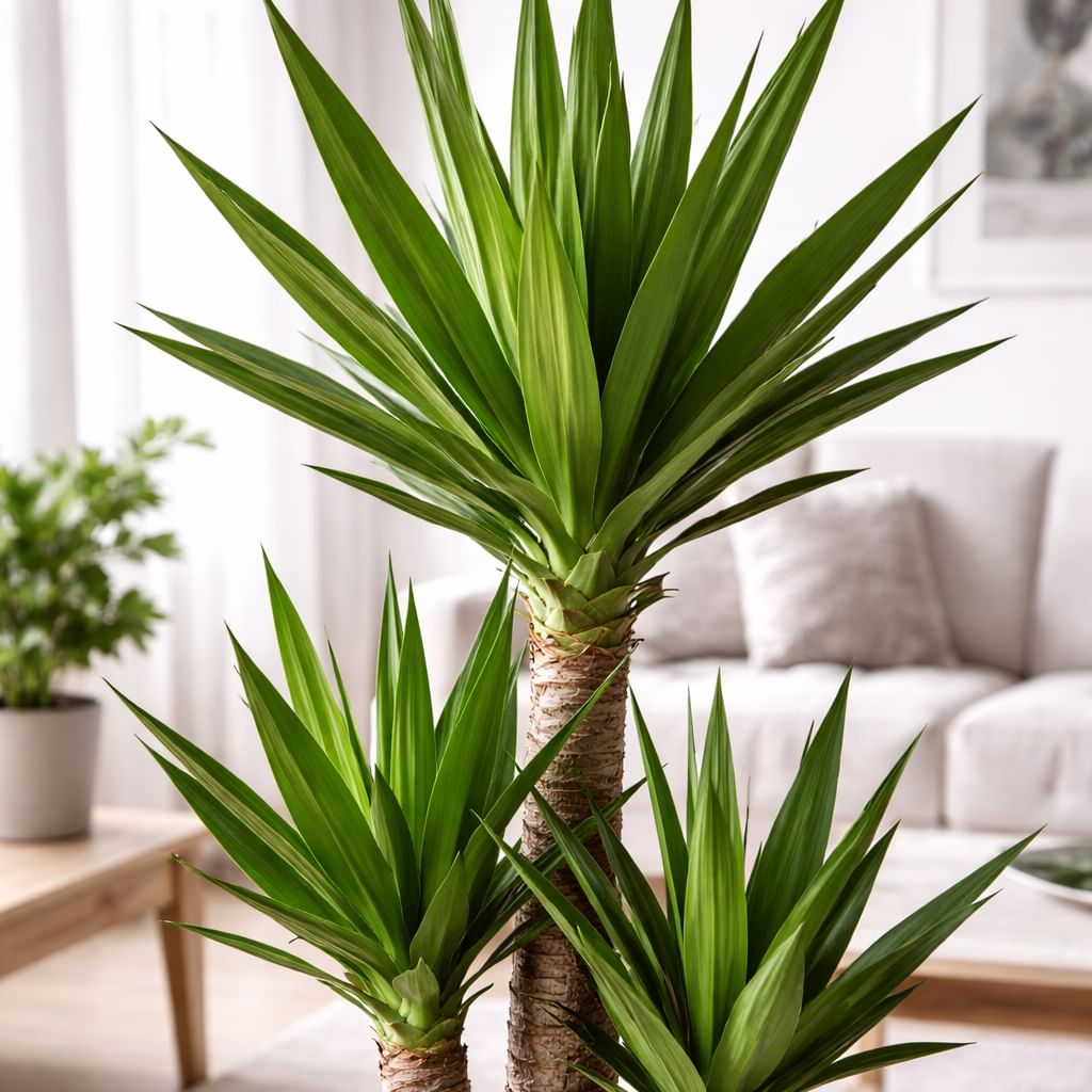 Une plante de yucca verte est présentée en intérieur, avec plusieurs tiges et de longues feuilles pointues. Ces feuilles qui font partie des ingrédients des produits Canichef et Félichef.