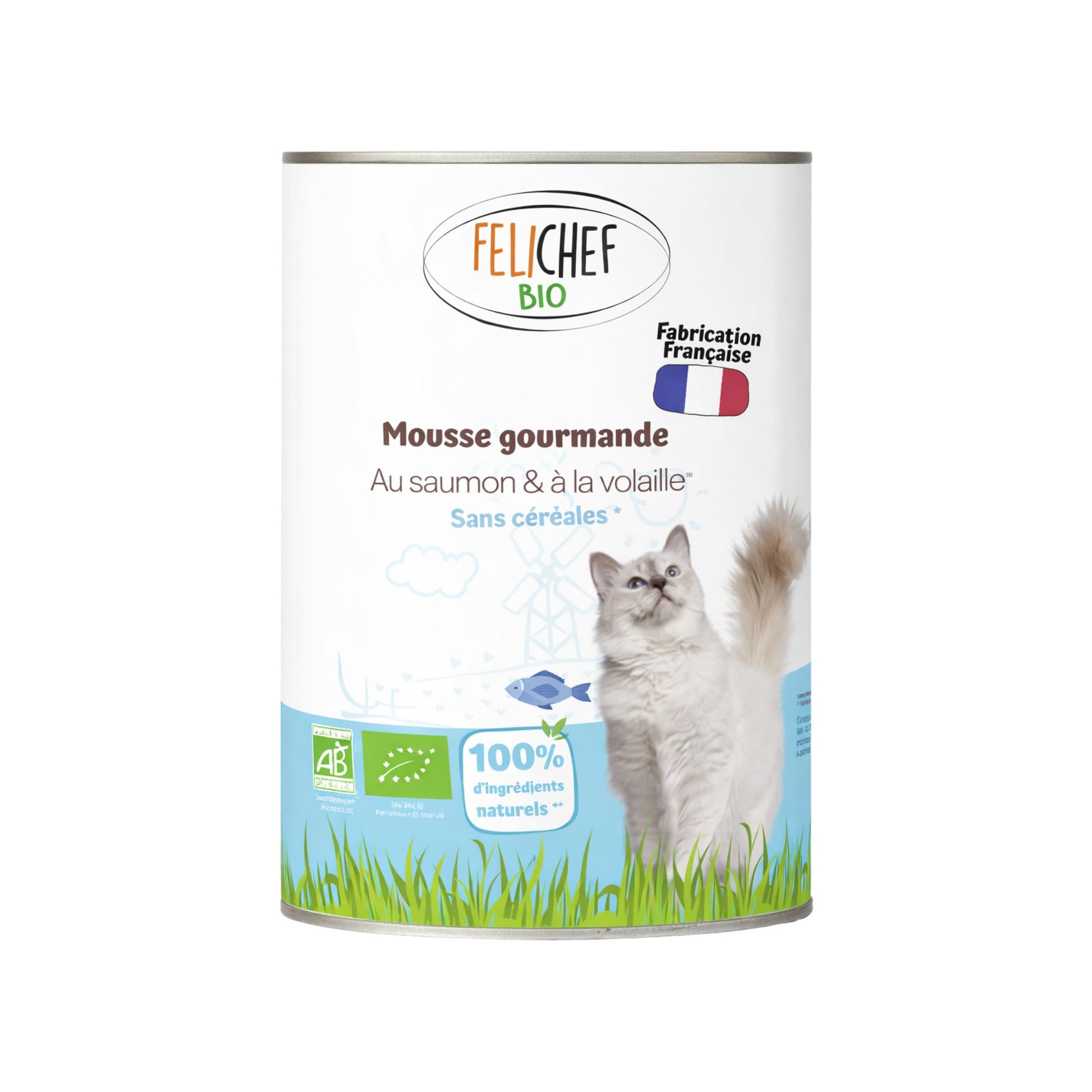 Boîte unitaire de mousse gourmande pour chat au saumon et à la volaille Félichef Bio 400g, sans céréales, certifiée Agriculture Biologique, 100% d'ingrédients naturels, fabrication française