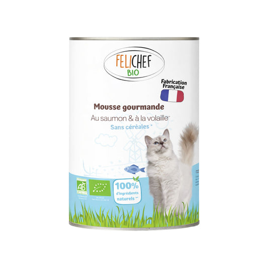 Boîte unitaire de mousse gourmande pour chat au saumon et à la volaille Félichef Bio 400g, sans céréales, certifiée Agriculture Biologique, 100% d'ingrédients naturels, fabrication française