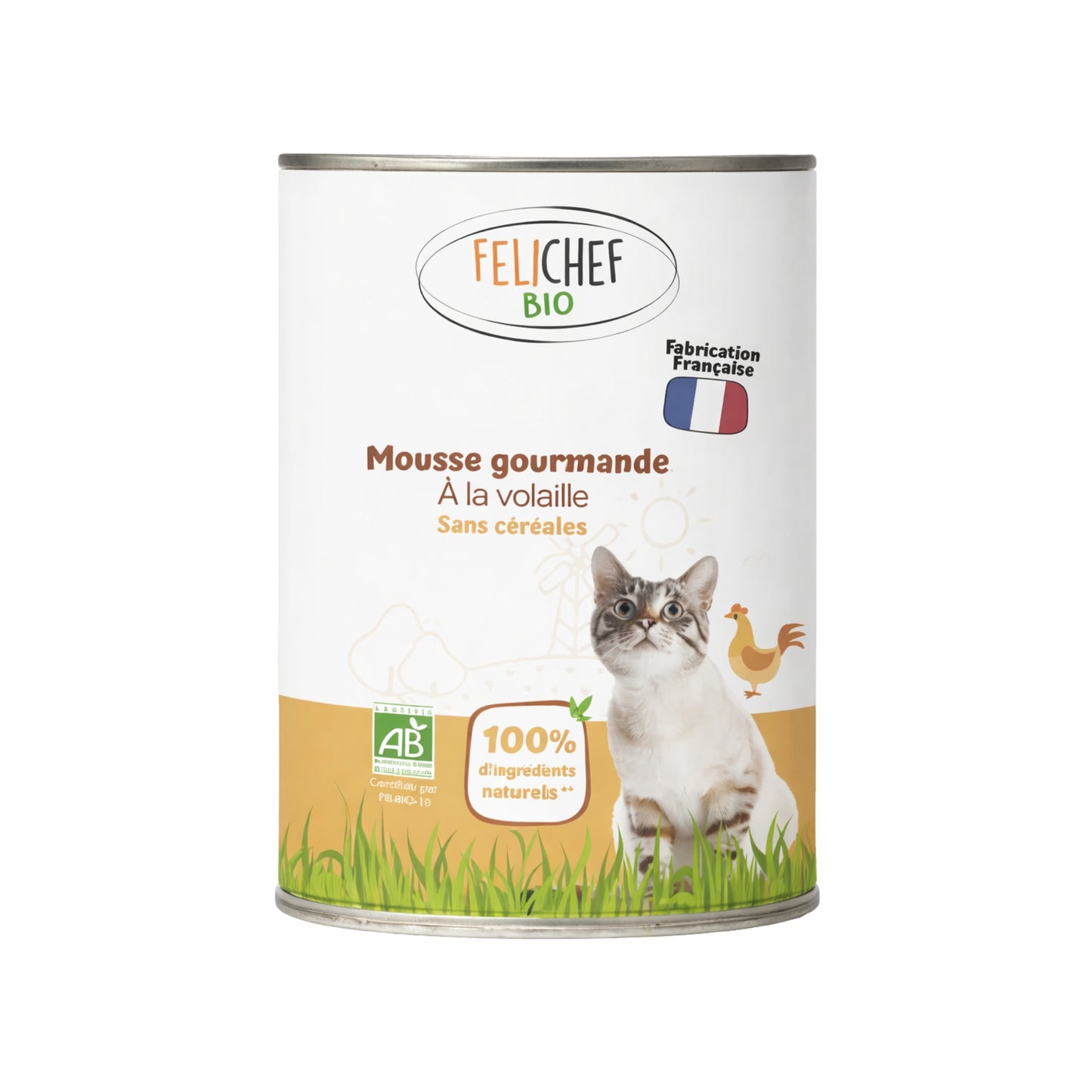 Boîte unitaire de mousse gourmande chat à la volaille Félichef Bio 400g, sans céréales, certifiée Agriculture Biologique, 100% d'ingrédients naturels, fabrication française
