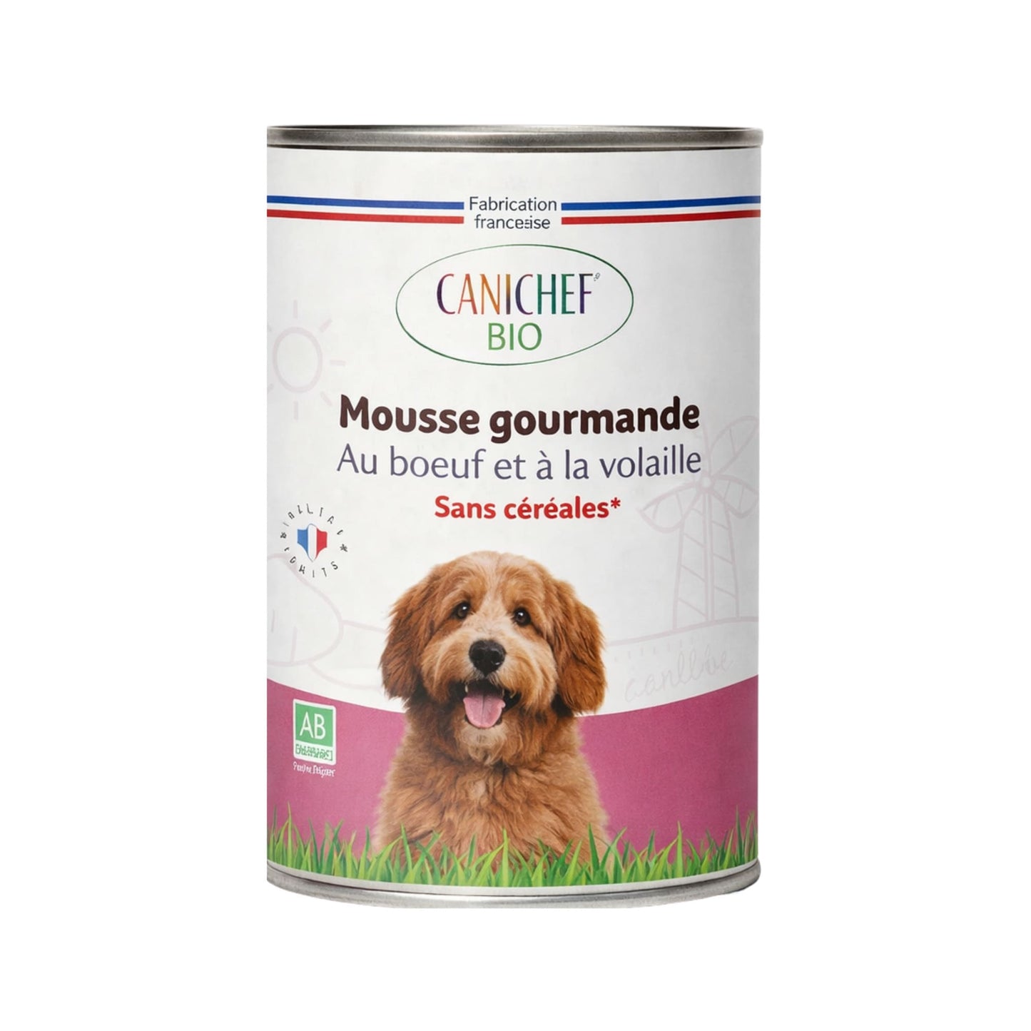 Boîte unitaire de mousse chien Canichef Bio mousse gourmande au boeuf et à la volaille sans céréales, certifiée Agriculture Biologique, fabrication française