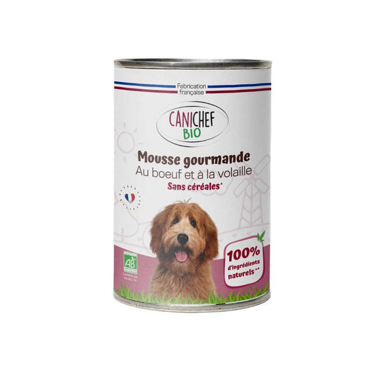 Une boîte de mousse gourmande pour chien de 400 grammes est au centre de l'image. Le fond est blanc.