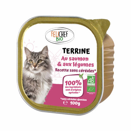 Une boîte de pâtée (100 grammes) saveur saumon et légumes est au centre de l'image. Le fond est blanc.