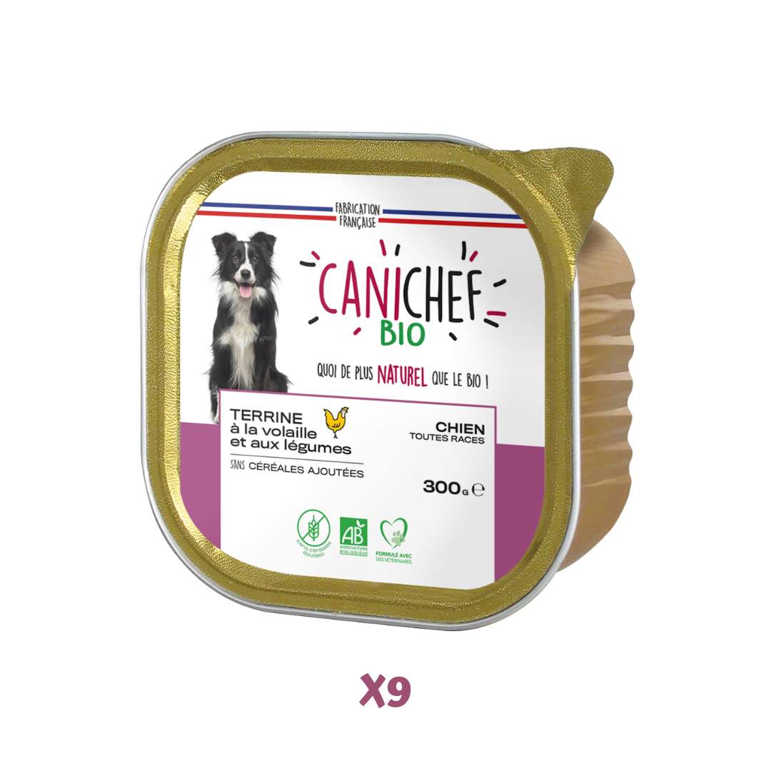 Une boîte de pâtée pour chien saveur volaille et légumes (300 grammes) est au centre de l'image. Le fond est blanc.