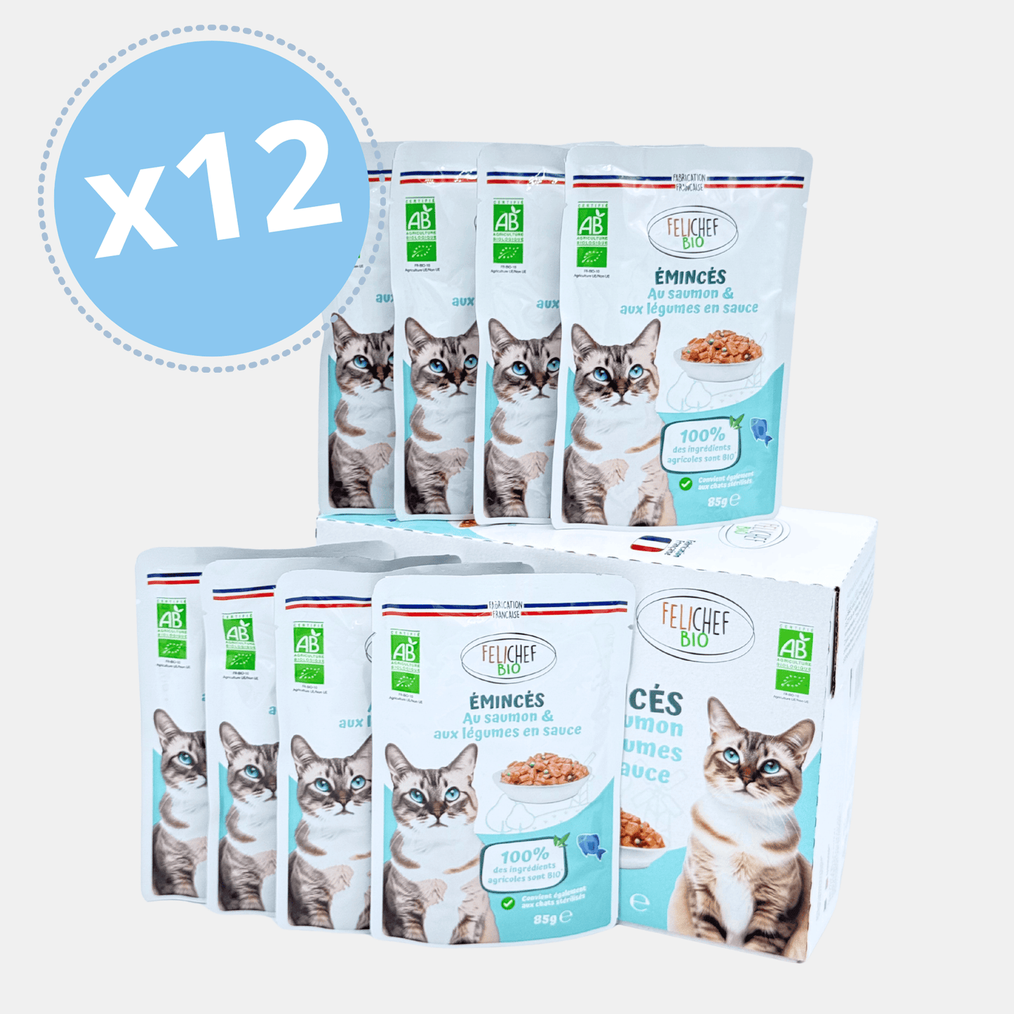 Pack de 12 sachets d'émincés au saumon et légumes en sauce Félichef Bio 85g, certifiés Agriculture Biologique, pour chats stérilisés, fabriqués en France