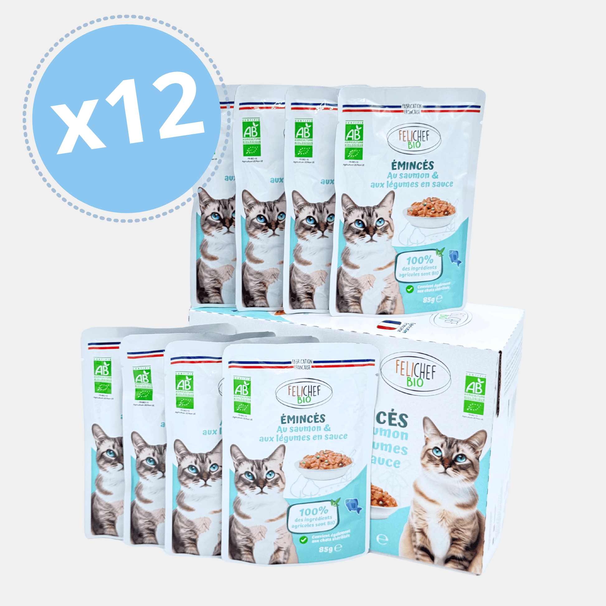 Pack de 12 sachets d'émincés au saumon et légumes en sauce Félichef Bio 85g, certifiés Agriculture Biologique, pour chats stérilisés, fabriqués en France