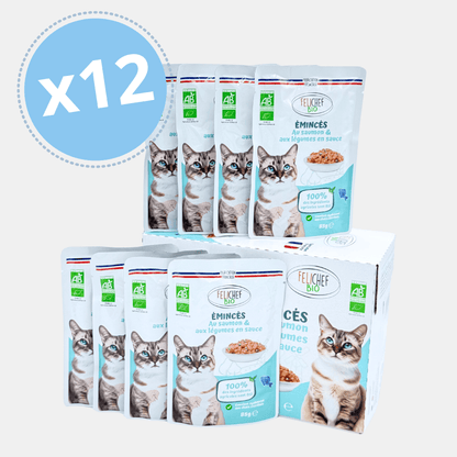 Pack de 12 sachets d'émincés au saumon et légumes en sauce Félichef Bio 85g, certifiés Agriculture Biologique, pour chats stérilisés, fabriqués en France