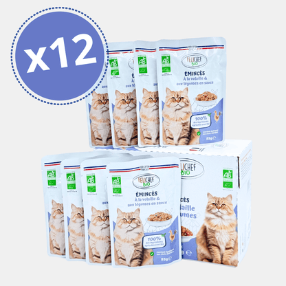 Pack de 12 sachets de 85g d'émincés Félichef Bio chat à la volaille et aux légumes en sauce, certifiés AB Agriculture Biologique, fabrication française