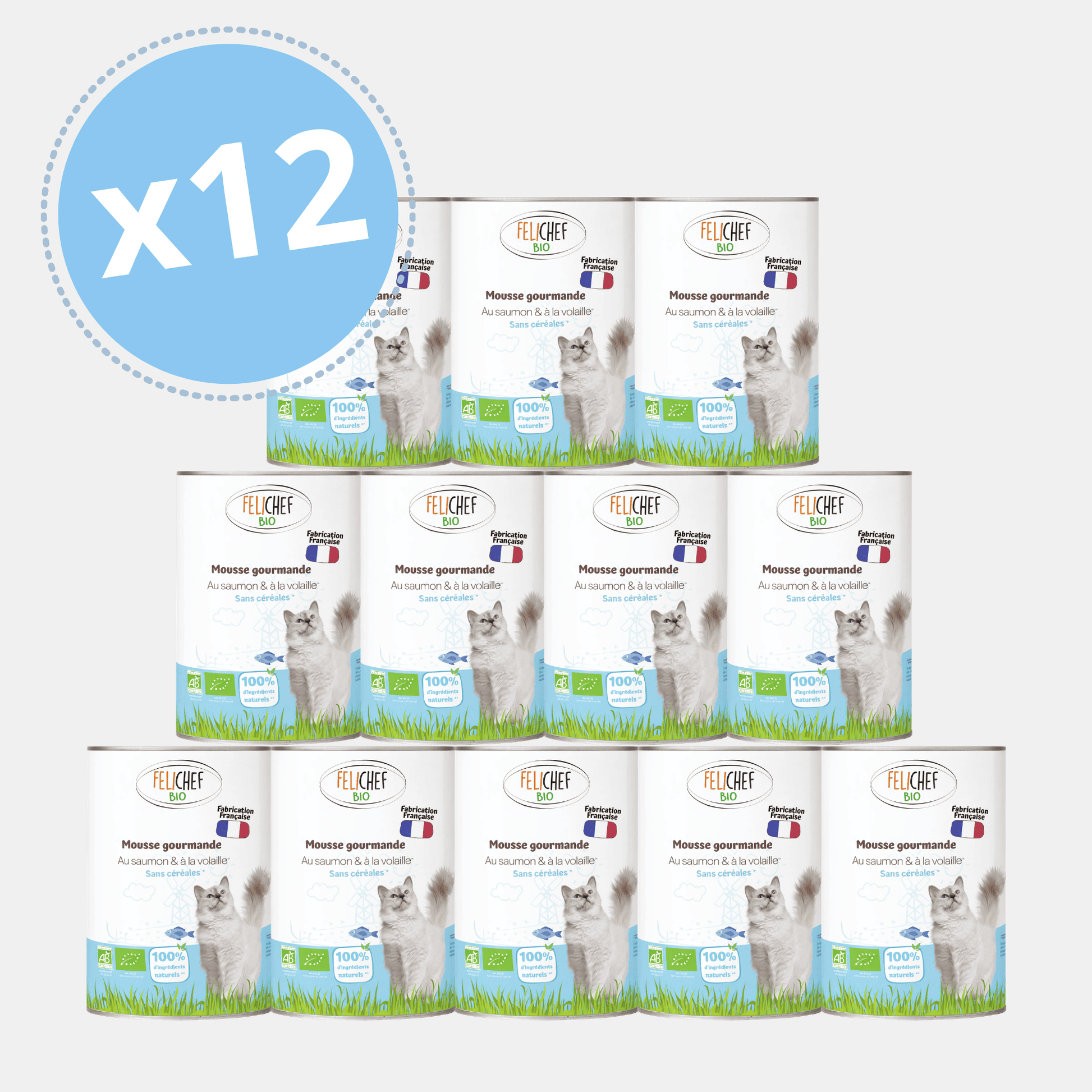 Pack de 12 boîtes de mousse pour chat au saumon Félichef Bio 400g disposées en pyramide, sans céréales, certifiées AB, 100% d'ingrédients naturels, fabriquées en France