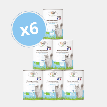 Pack de 6 boîtes de mousse pour chat au saumon et à la volaille Félichef Bio 400g, sans céréales, avec certification Agriculture Biologique et mention fabrication française