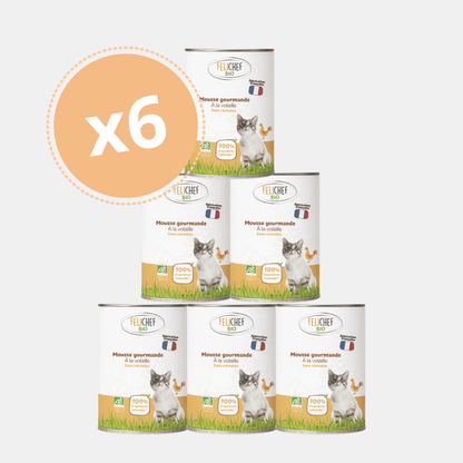 Pack de 6 boîtes de mousse pour chat à la volaille Félichef Bio 400g, sans céréales, avec certification Agriculture Biologique et mention fabrication française