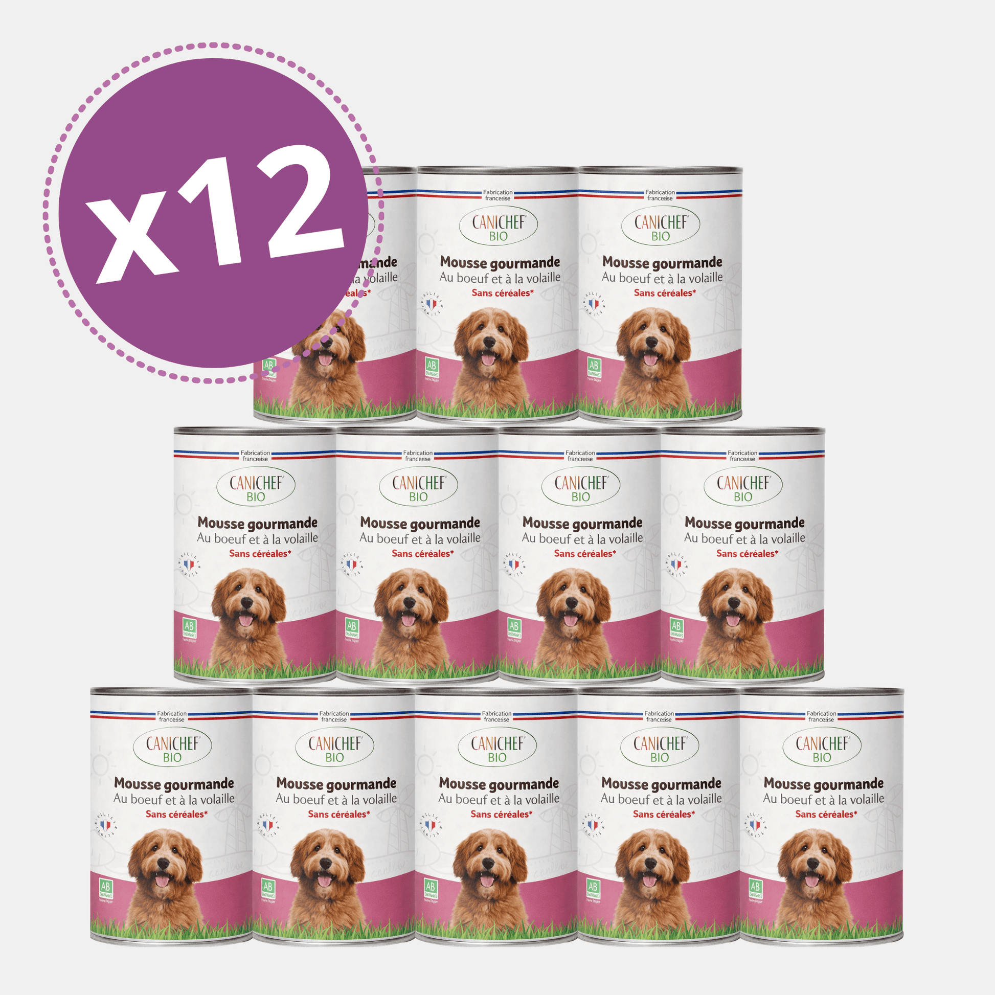 Pack de 12 boîtes de mousse chien volaille boeuf Canichef Bio mousse gourmande sans céréales, certifiée Agriculture Biologique, fabrication française