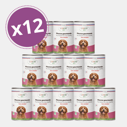 Pack de 12 boîtes de mousse chien volaille boeuf Canichef Bio mousse gourmande sans céréales, certifiée Agriculture Biologique, fabrication française