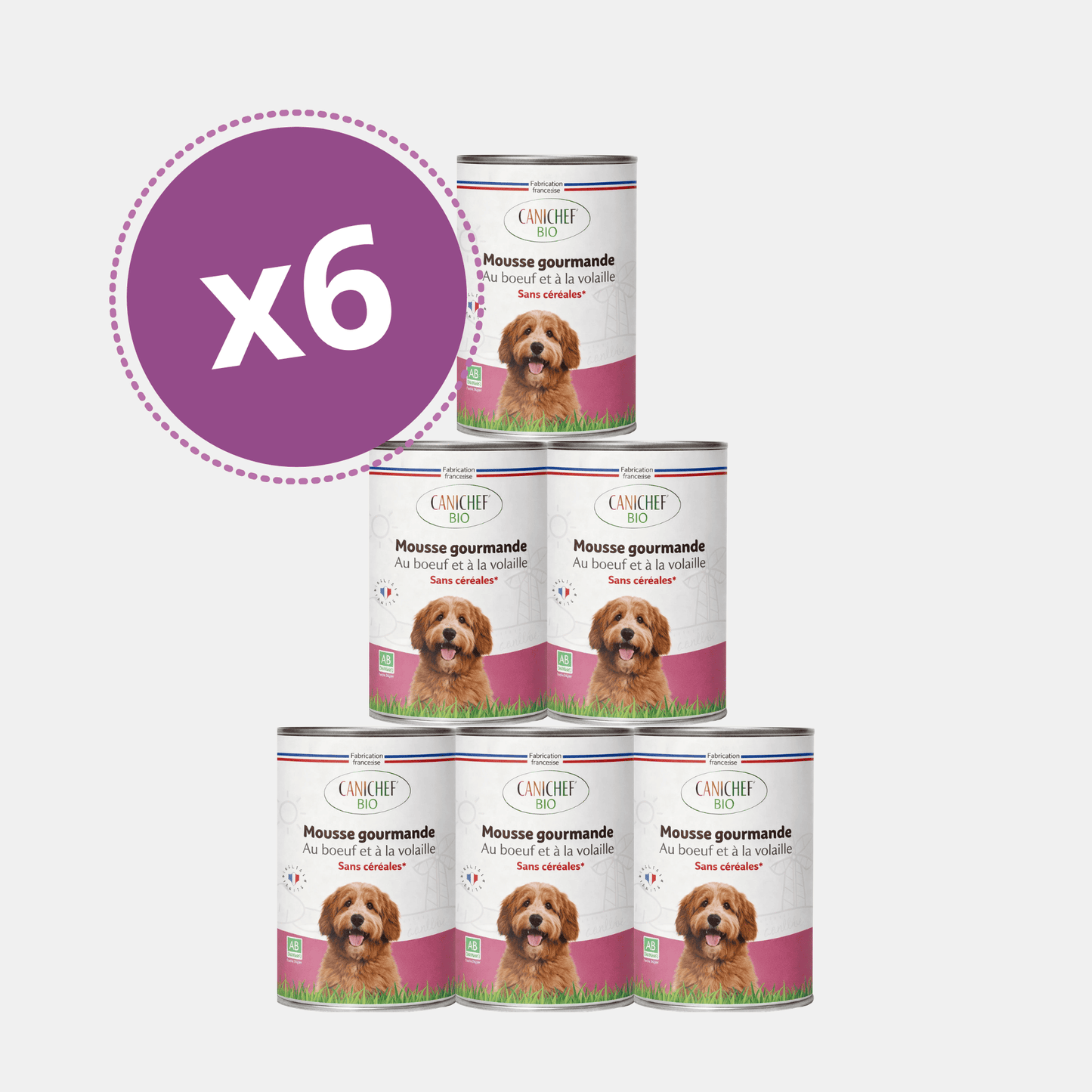 Pack de 6 boîtes de mousse chien volaille boeuf Canichef Bio mousse gourmande sans céréales, certifiée Agriculture Biologique, fabrication française