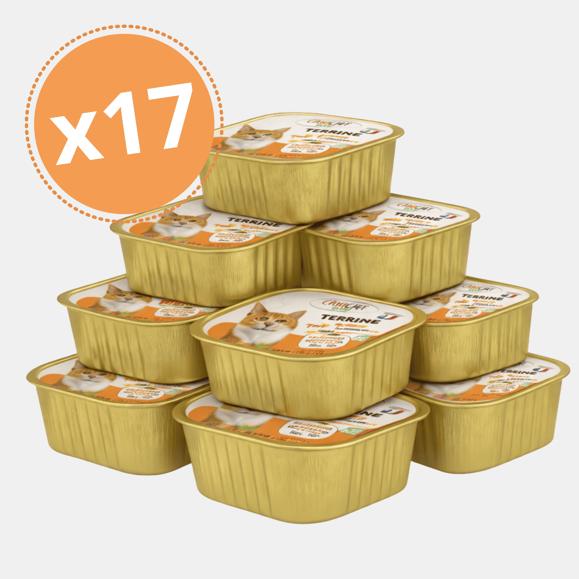 Pack de 17 barquettes de terrine pour chat à la truite Félichef Bio disposées en pyramide, certifiées Agriculture Biologique, 100% d'ingrédients naturels, fabrication française