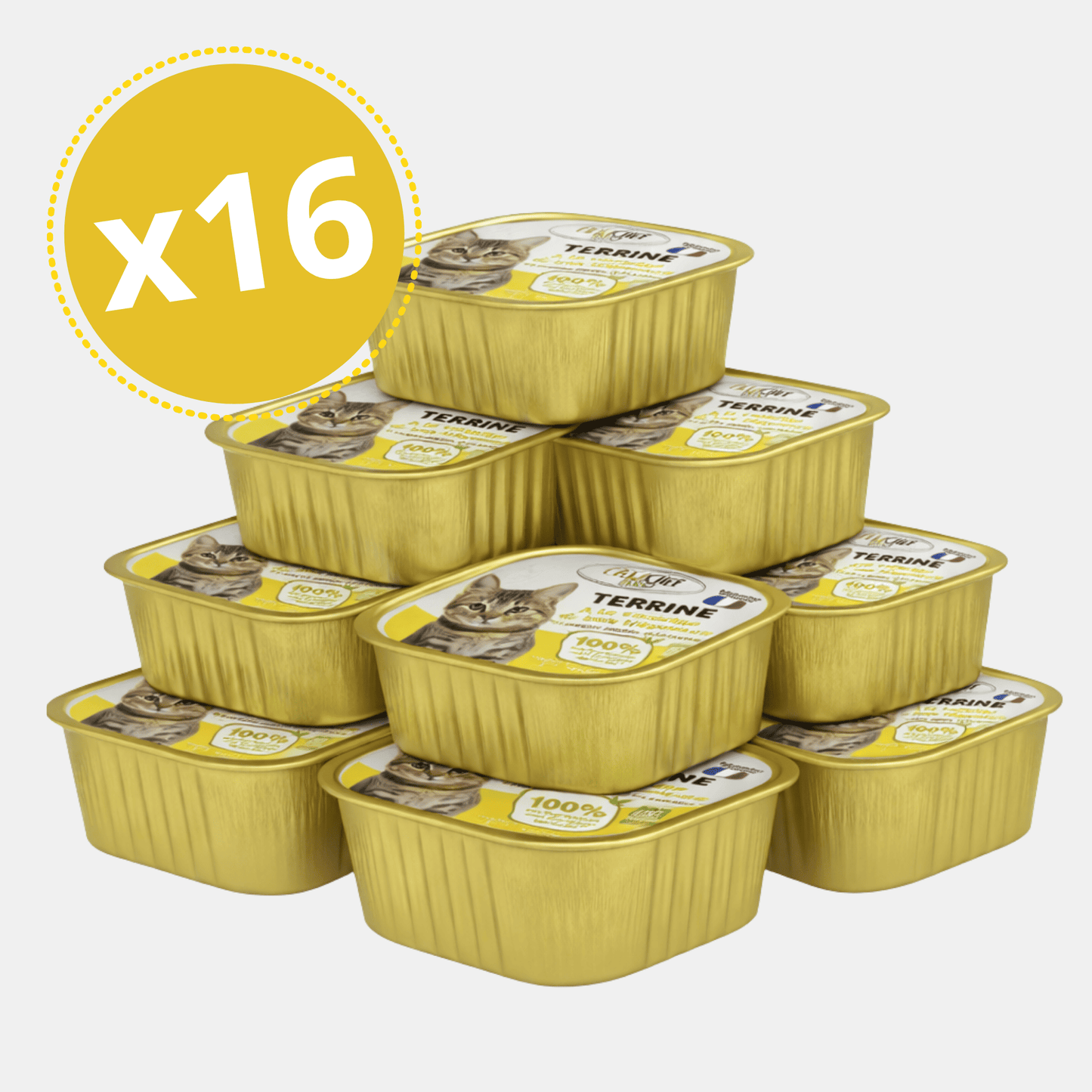 Pack de 16 barquettes de terrine pour chat à la volaille Félichef Bio disposées en pyramide, certifiées Agriculture Biologique, 100% d'ingrédients naturels, fabrication française
