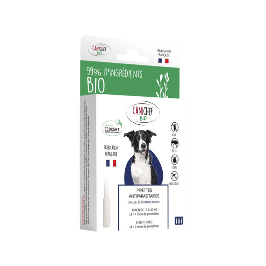 Un sachet de 4 pipettes anti parasites pour moyen et grand chien est au centre de l'image. Le sachet est blanc avec une inscription expliquant qu'il y a 99% d'ingrédients d'origine bio.