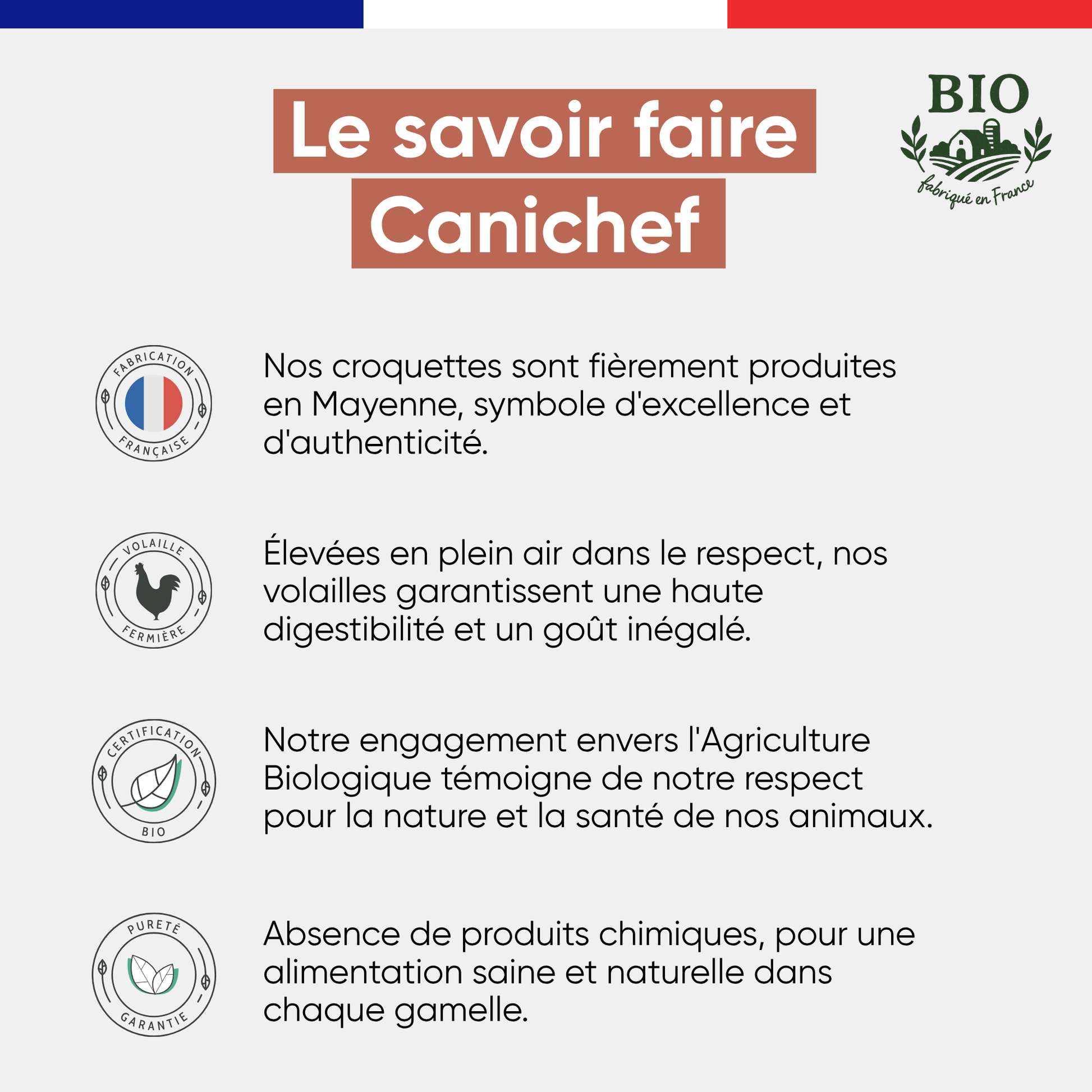 Le savoir-faire Canichef Bio pour les croquettes sans céréales chien senior : fabrication en Mayenne, volailles fermières élevées en plein air, certification Agriculture Biologique et absence totale de produits chimiques