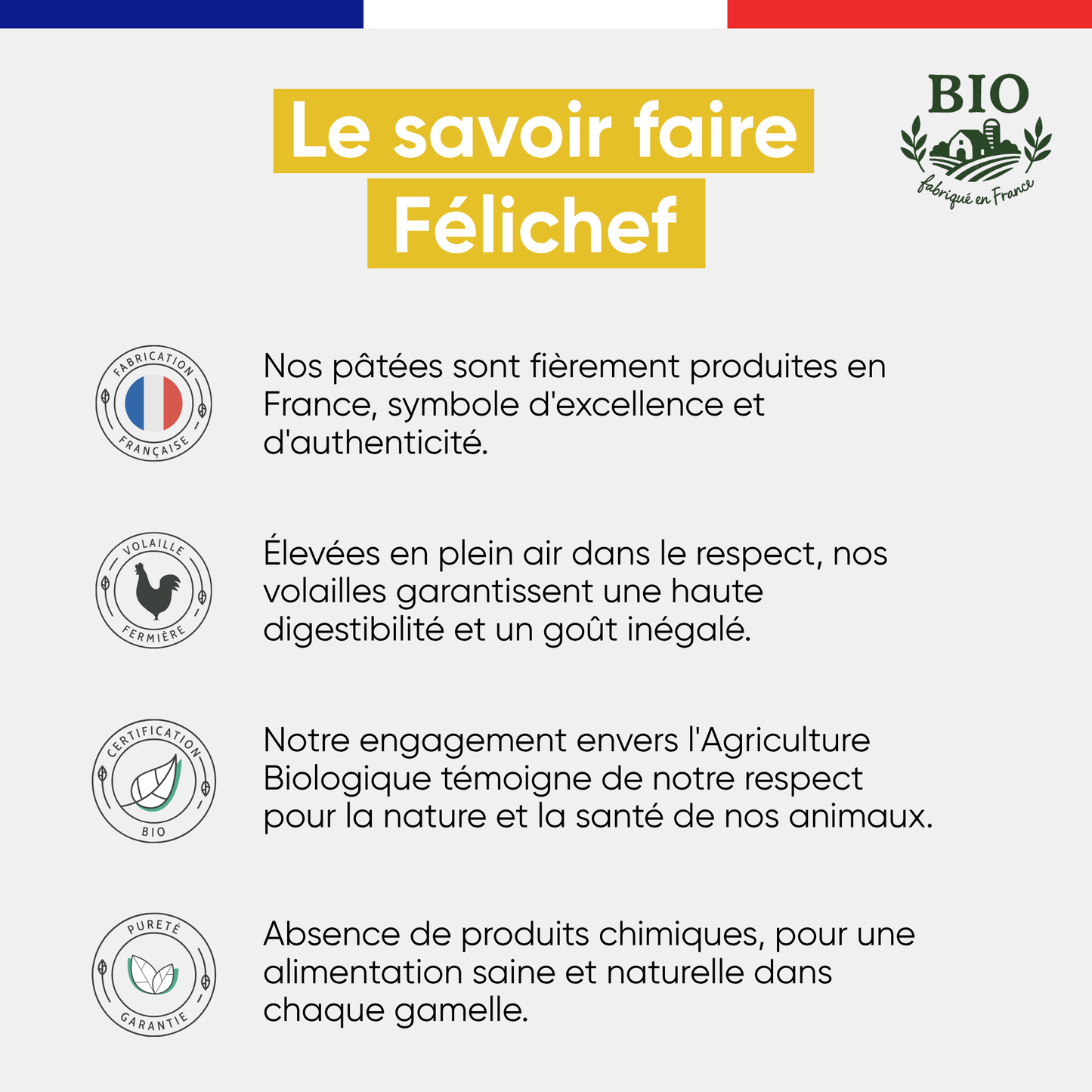 Le savoir-faire Félichef Bio pour la pâtée à la volaille : fabrication française, volailles fermières élevées en plein air, certification Agriculture Biologique et absence totale de produits chimiques