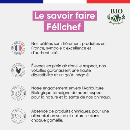 Le savoir-faire Félichef Bio pour la pâtée au saumon : fabrication française, volailles fermières élevées en plein air, certification Agriculture Biologique et absence totale de produits chimiques