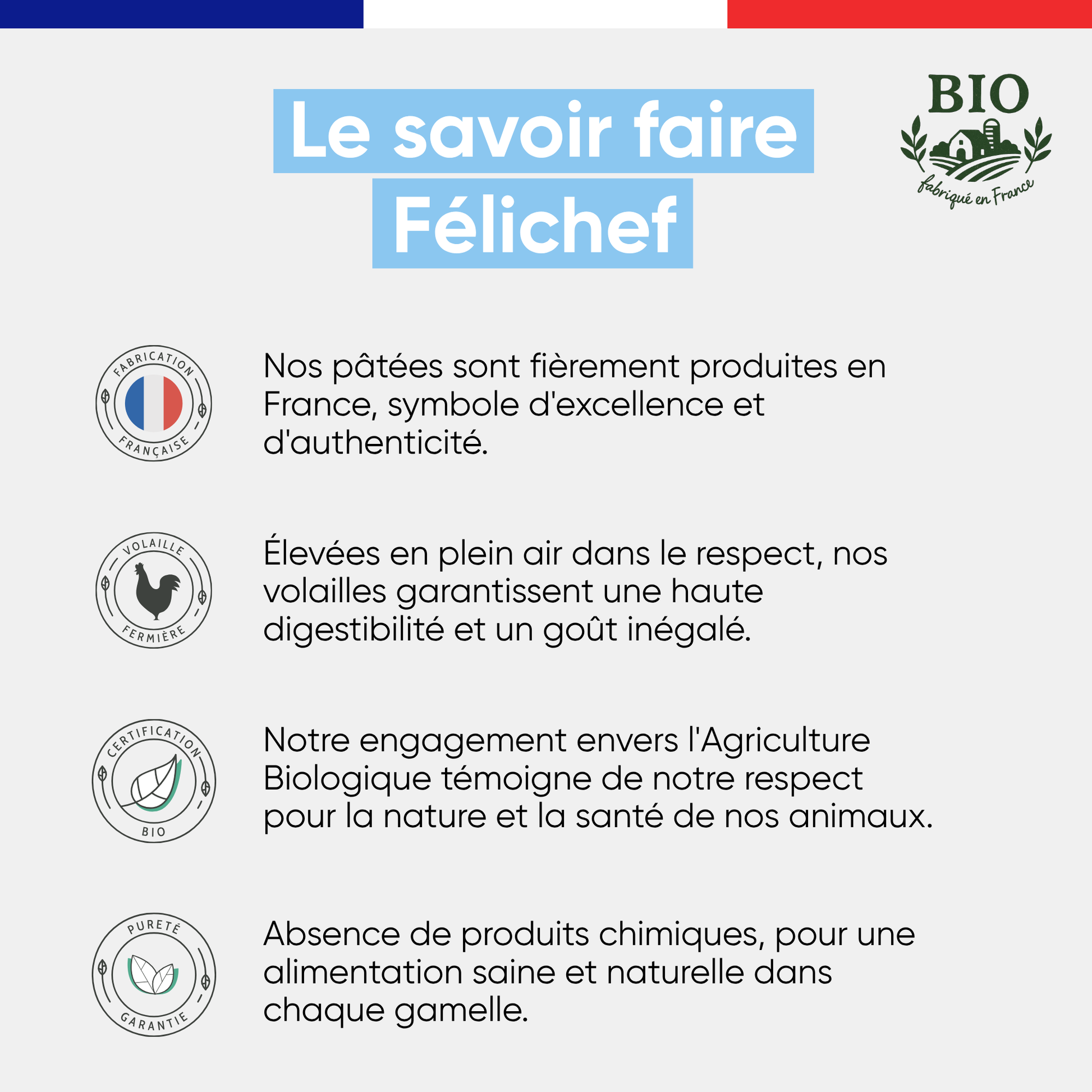 Le savoir-faire Félichef Bio : fabrication française, volailles fermières élevées en plein air, certification Agriculture Biologique et absence de produits chimiques garantie