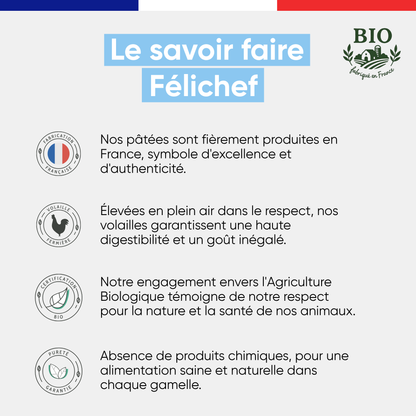 Le savoir-faire Félichef Bio : fabrication française, volailles fermières élevées en plein air, certification Agriculture Biologique et absence de produits chimiques garantie