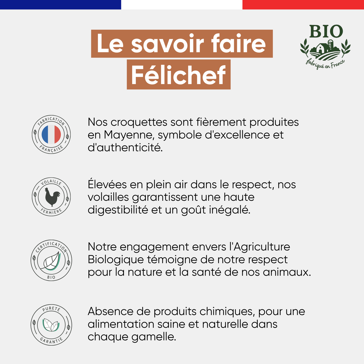 Infographie sur le savoir-faire Félichef Bio appliqué aux croquettes sans céréales : fabrication en Mayenne, volaille fermière plein air, certification Agriculture Biologique et alimentation sans produits chimiques