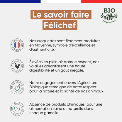 Infographie sur le savoir-faire Félichef Bio appliqué aux croquettes sans céréales : fabrication en Mayenne, volaille fermière plein air, certification Agriculture Biologique et alimentation sans produits chimiques