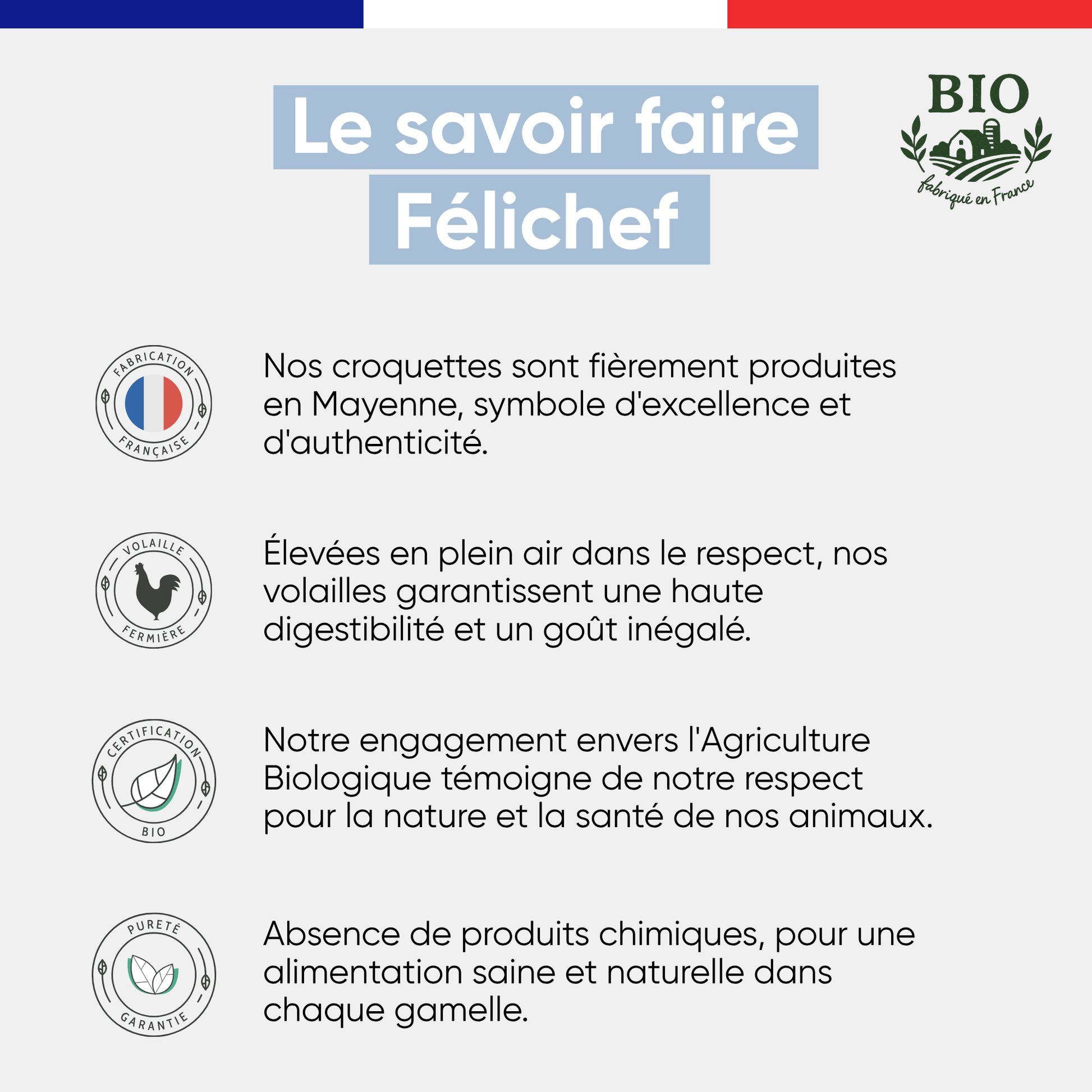 Infographie sur le savoir-faire Félichef Bio appliqué aux croquettes pour chaton : fabrication en Mayenne, volaille fermière plein air, certification Agriculture Biologique et alimentation sans produits chimiques
